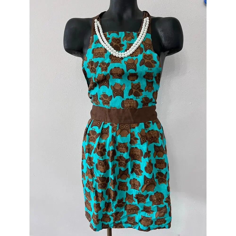 Owls‎ Apron Sz L Teal/Brown Faux Pearls 133194 Vintage 50s 60s Preppy
